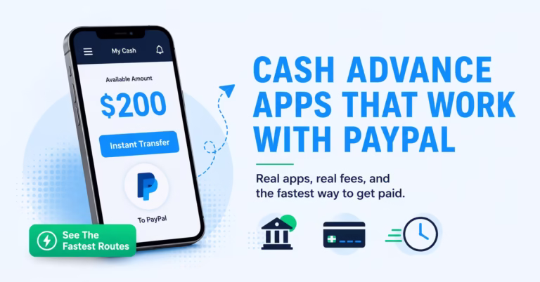Smartphone showing instant transfer screen next to cash advance apps that work with PayPal headline