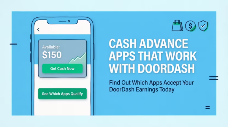 Smartphone showing a cash advance app balance next to text about DoorDash driver cash advance apps
