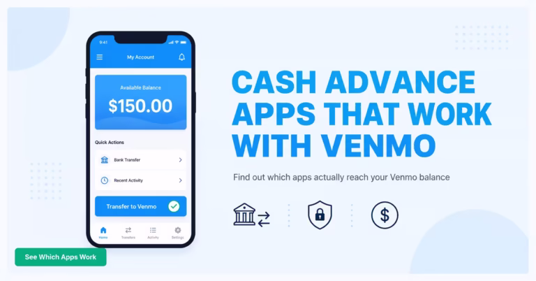 A smartphone showing a Venmo balance transfer next to bold text reading cash advance apps that work with Venmo