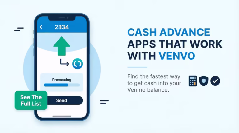 Smartphone showing a payment app transfer next to cash advance apps that work with Venmo headline