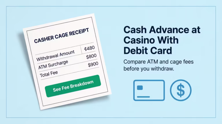 Casino cage receipt beside headline about cash advance at casino with debit card