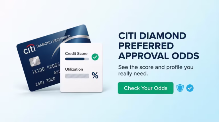 Credit card mockup beside a checklist showing approval odds factors for a balance transfer card