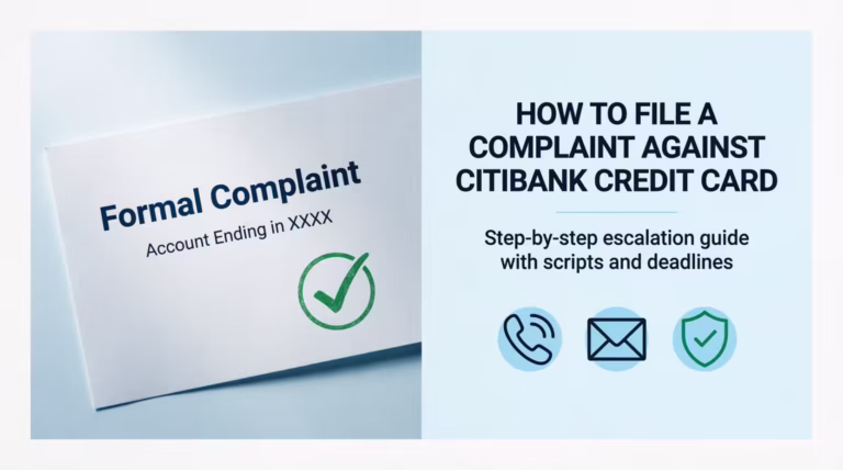 Formal complaint letter beside guide to filing a Citibank credit card complaint