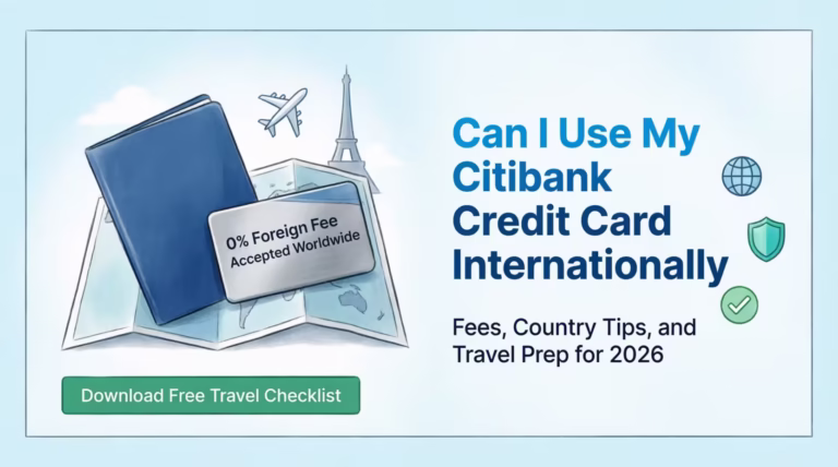 Citibank credit card and passport on a world map showing international travel fee guide