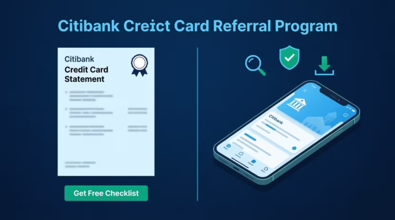Smartphone banking app next to printed statement illustrating the citibank credit card referral program