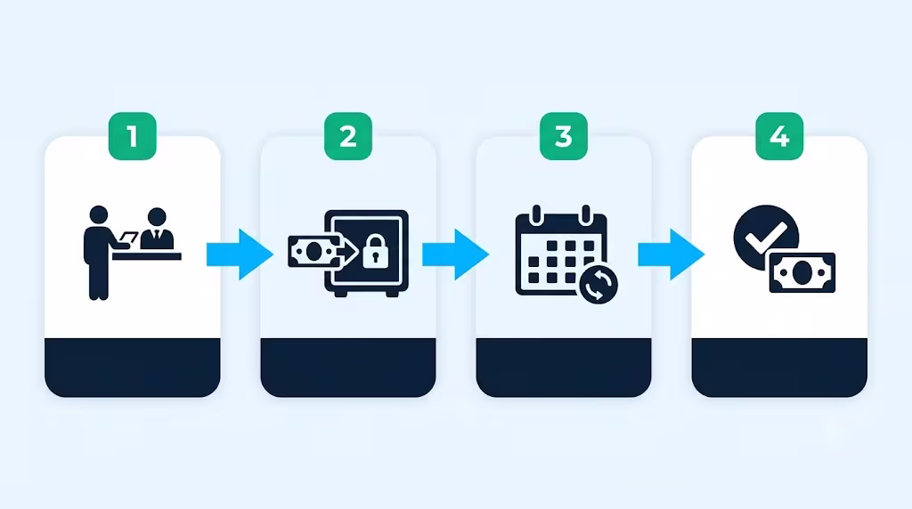 Four step diagram showing how a credit builder loan moves from application to payout