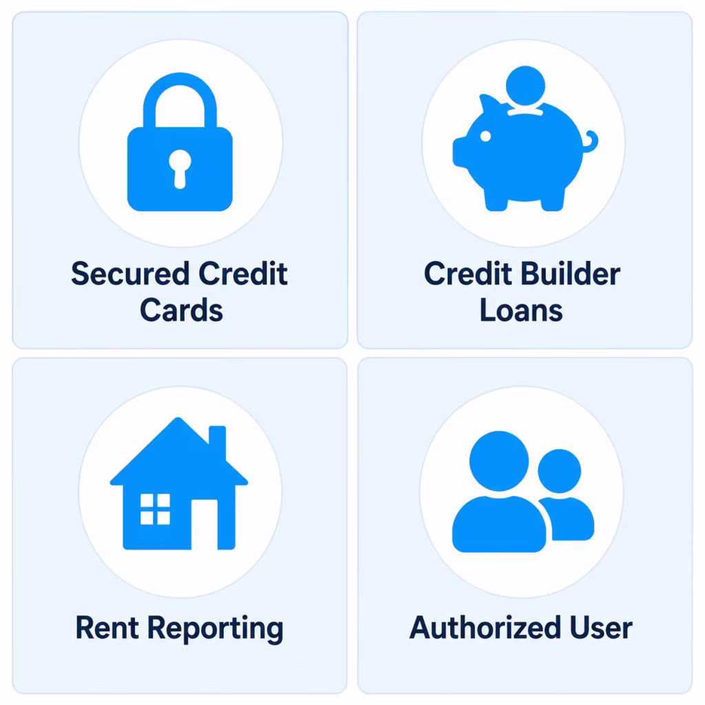 Four icon grid representing secured credit cards credit builder loans rent reporting and authorized user options