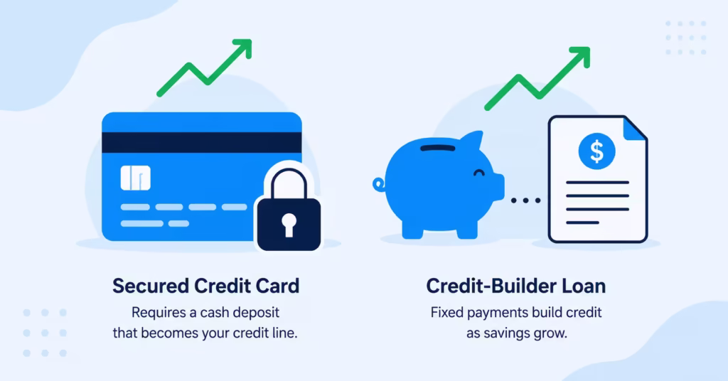 Illustration of a secured credit card and a piggy bank representing two ways to build credit history