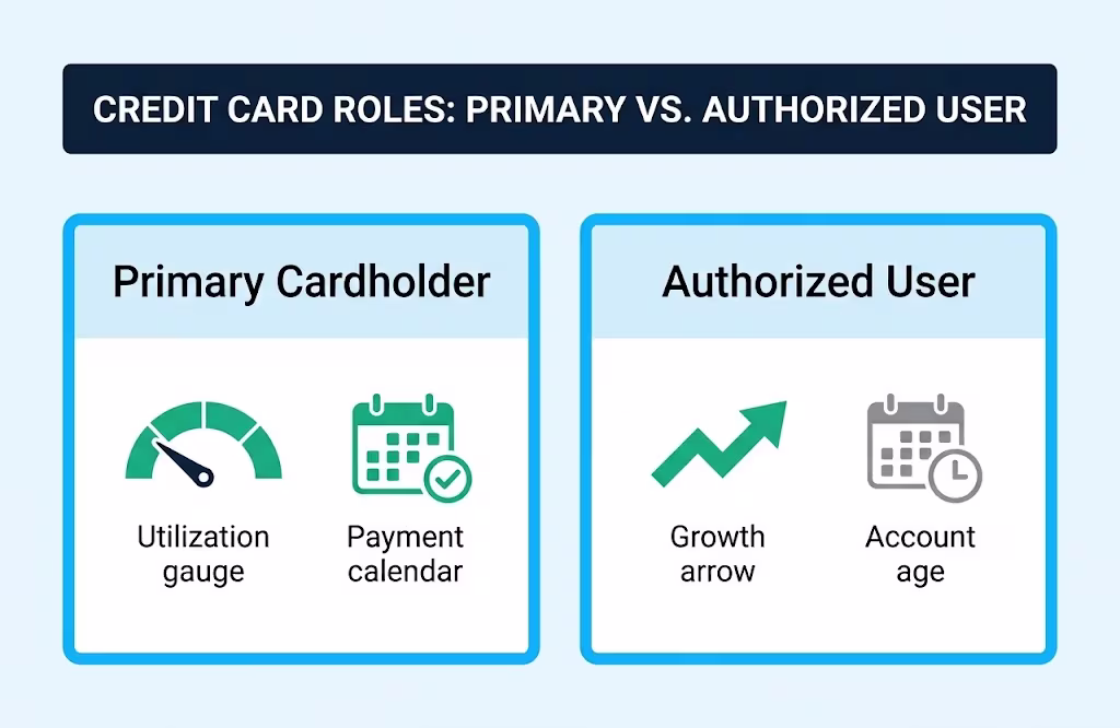 Side by side icons comparing credit impact factors for two different account holders