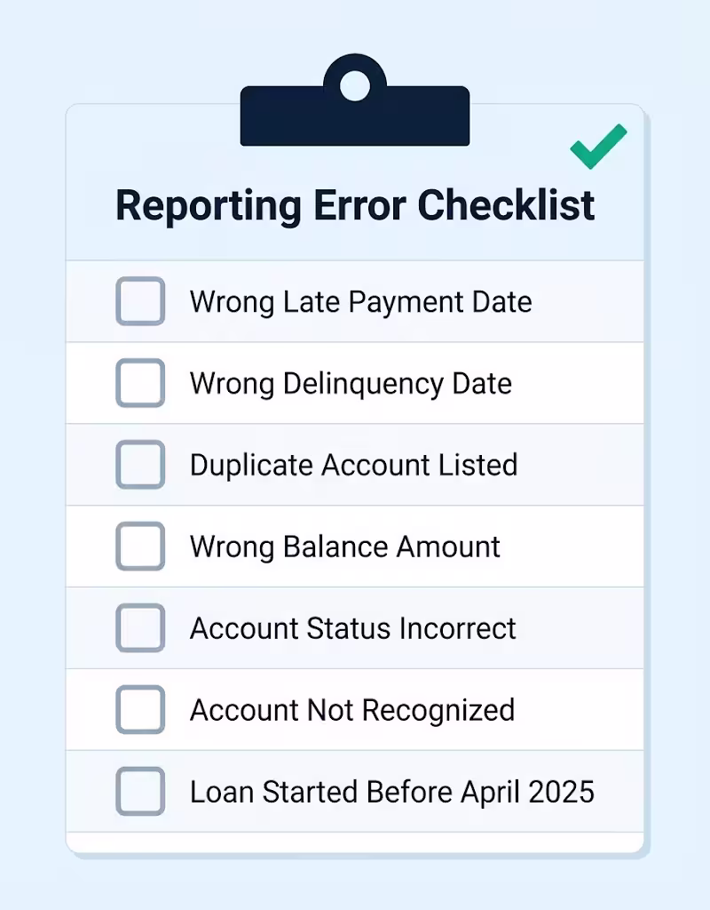 Checklist card listing seven items to review when checking a credit report for reporting errors