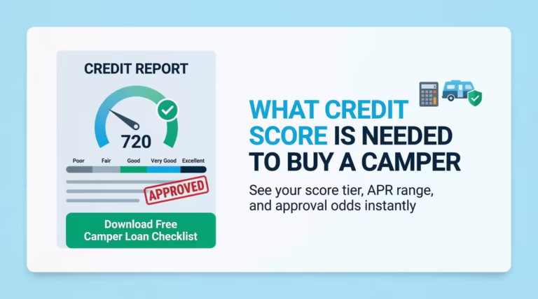Credit report showing FICO score gauge and approval stamp for camper financing guide