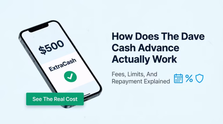 Smartphone showing a cash advance app screen next to text explaining how the Dave cash advance works