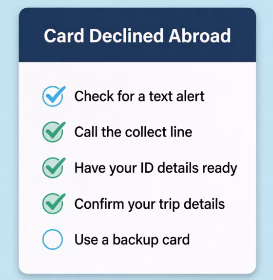 Checklist of steps to take when a credit card is declined while traveling abroad