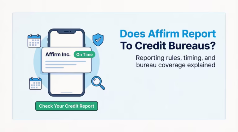 Smartphone showing a credit report screen with Affirm listed as a creditor and an on time payment status