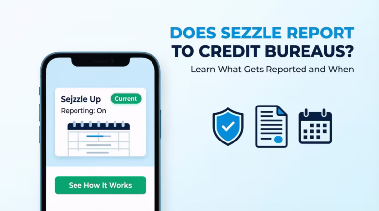 Smartphone screen showing a Sezzle Up credit reporting status labeled current with reporting turned on