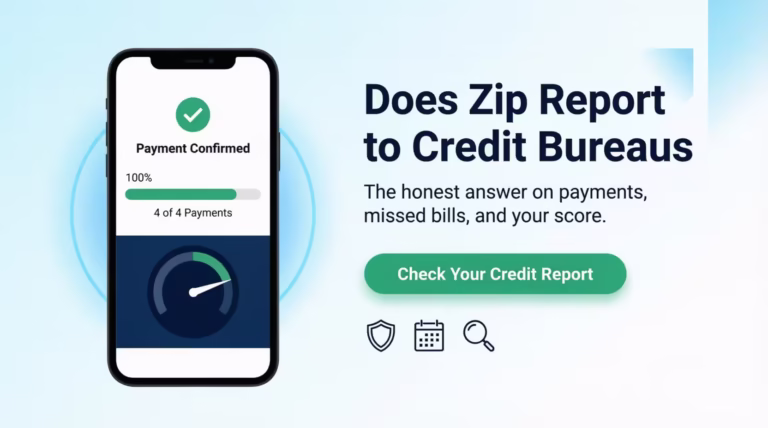 Smartphone banking app showing a Zip payment plan progress bar next to article headline about credit bureau reporting
