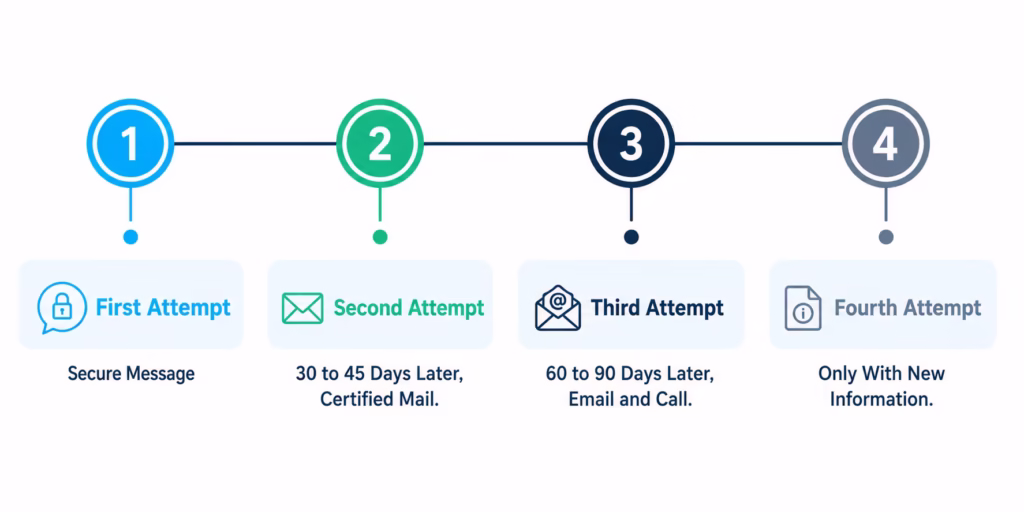 Horizontal timeline showing four escalation attempts spaced weeks apart with different contact methods