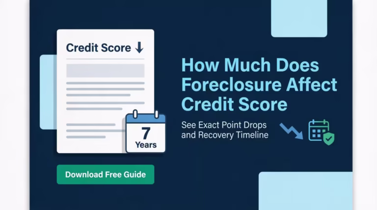 Credit report document showing a declining score arrow and seven year timeline icon