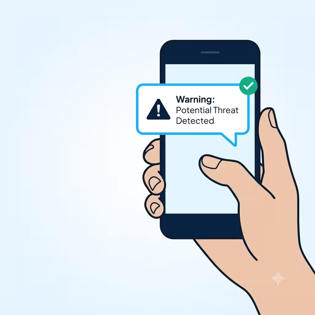 Hand holding a phone showing a fraud alert text notification