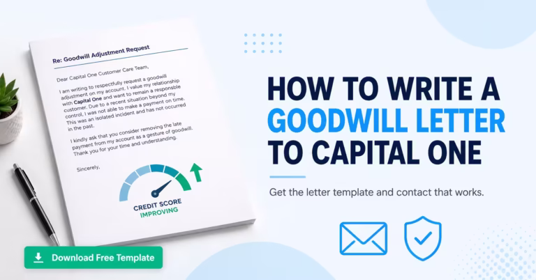 Business letter and credit score icon illustrating how to write a goodwill letter to Capital One.