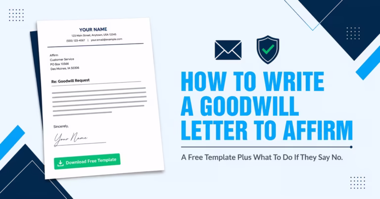 Business letter document beside bold text promoting a free goodwill letter template for Affirm accounts