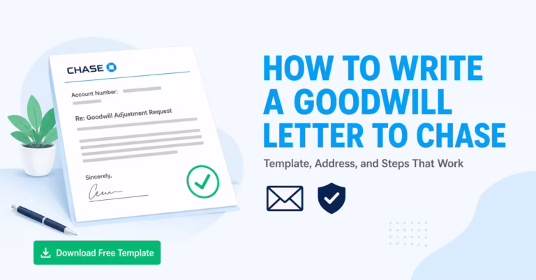 Illustration of a formal letter document beside bold text reading how to write a goodwill letter to Chase