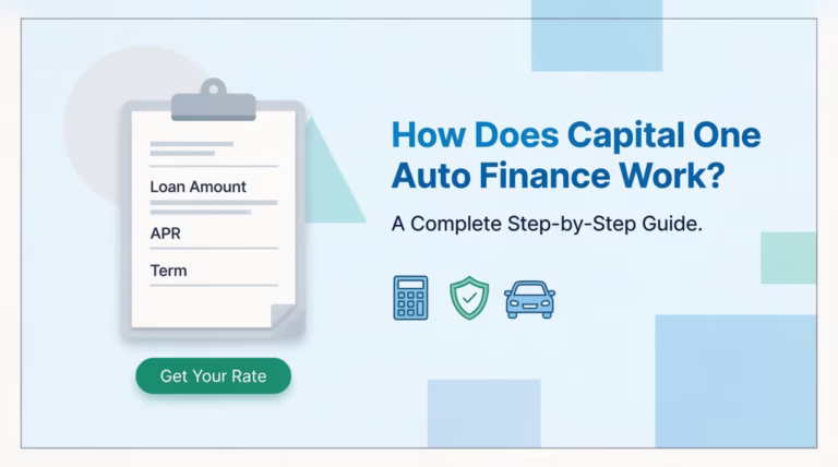 Illustration explaining how Capital One auto finance works with loan application and rate button