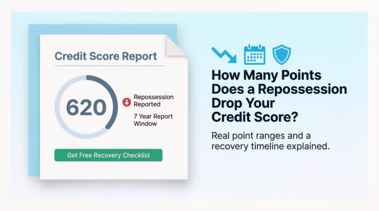 Credit score report document showing a score gauge and repossession impact next to article headline