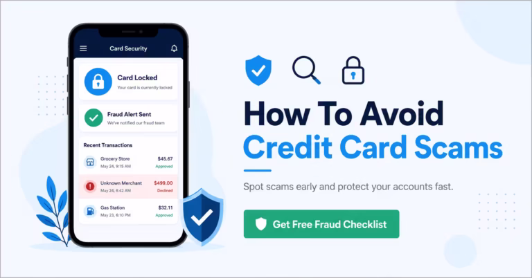 Phone screen showing a locked credit card app next to fraud prevention guide headline