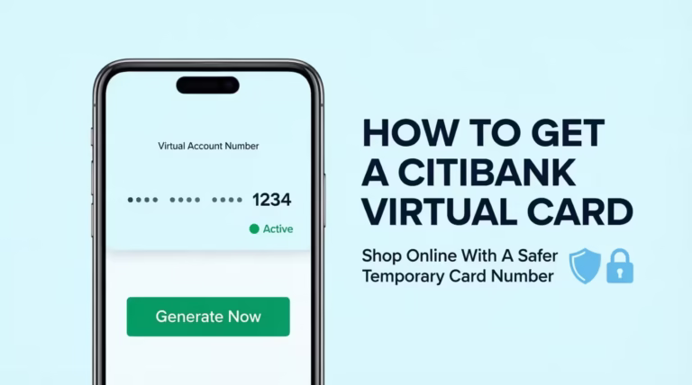 Smartphone showing a Citibank virtual account number screen next to a guide on getting a Citibank virtual card