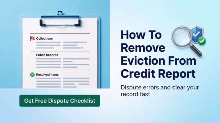 Credit report document with flagged collections entry next to guide on how to remove eviction from credit report