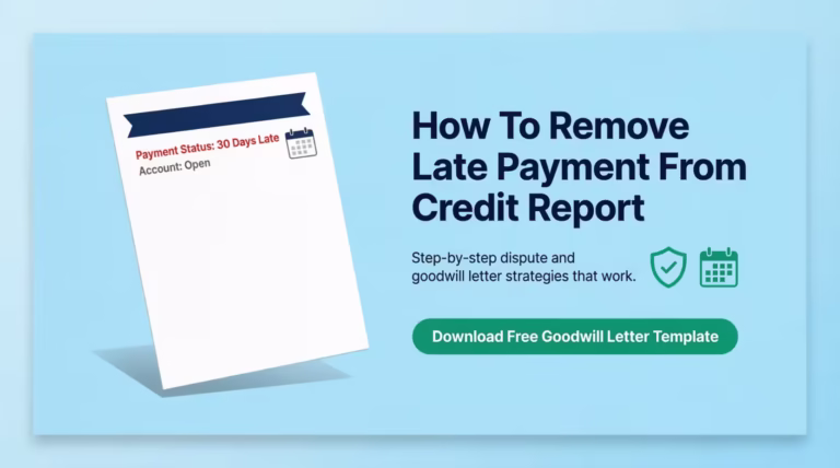Credit report document showing a late payment status next to how to remove late payment from credit report guide