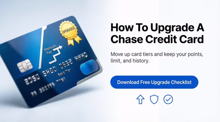Credit card upgrading with an upward arrow icon showing a Chase card product change