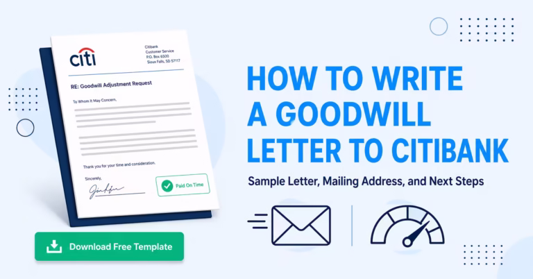 Illustration of a formal goodwill letter document beside the article title about writing a goodwill letter to Citibank