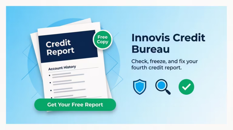 Credit report document beside bold headline text about the Innovis credit bureau guide