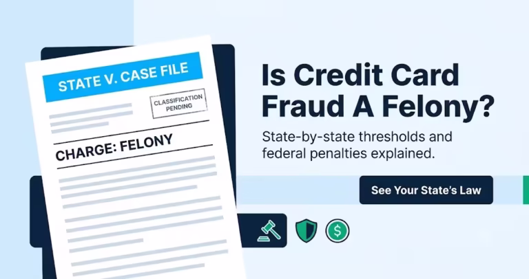 Legal case file document next to bold text asking if credit card fraud is a felony