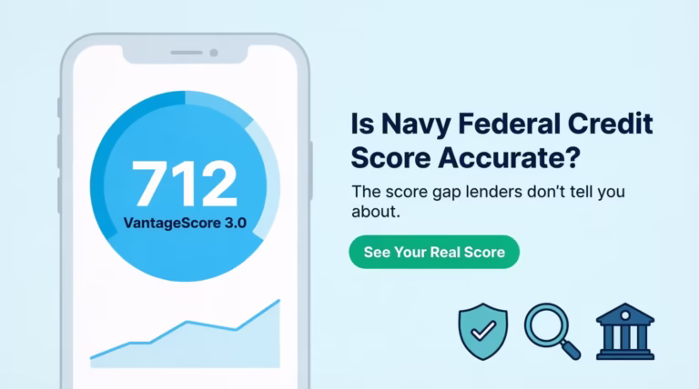 Smartphone showing a credit score dashboard next to text asking if Navy Federal credit score is accurate