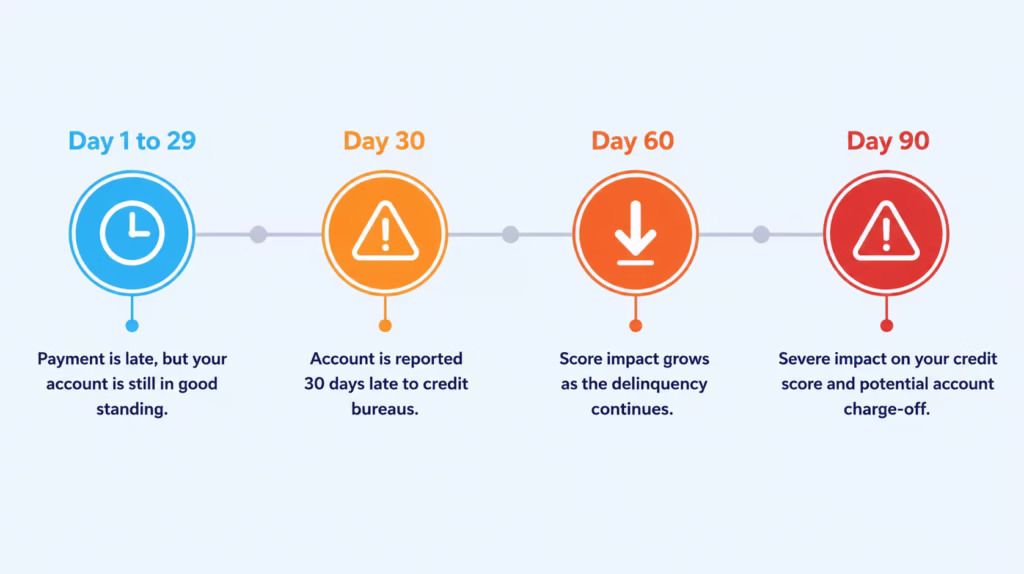 Horizontal timeline showing four stages of a late payment from day one through day ninety