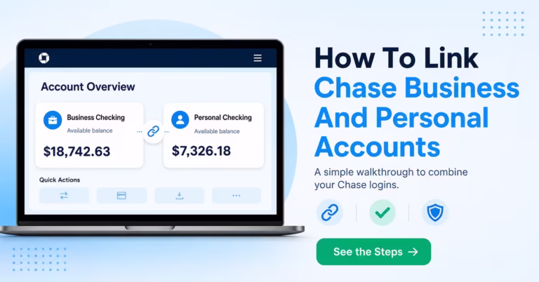 Laptop dashboard showing linked business and personal Chase bank account cards side by side