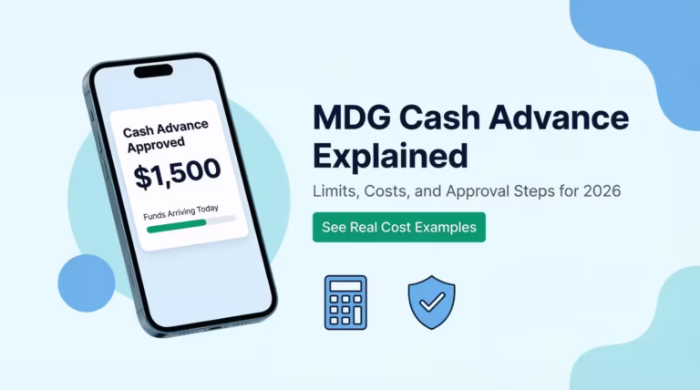 Mobile phone screen showing an approved cash advance deposit next to a summary of costs and approval steps