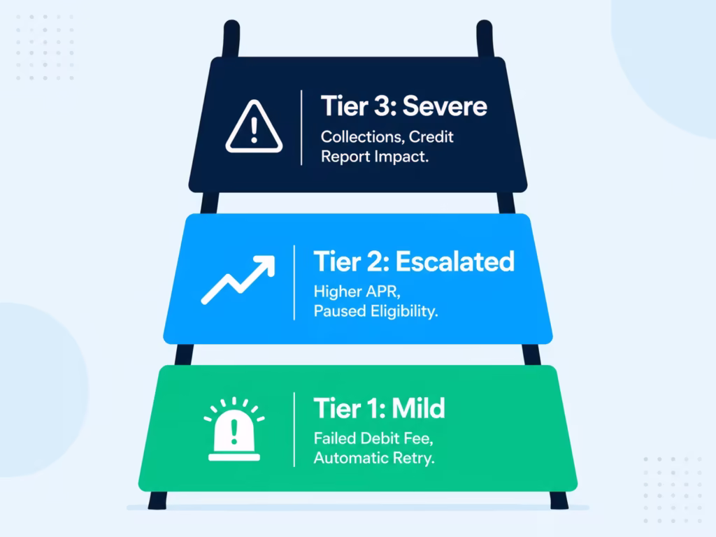Three tier severity ladder showing consequences of a missed payment from mild to severe