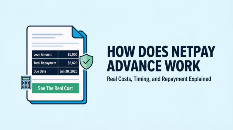 Loan agreement document illustration showing how NetPay Advance works with cost and repayment details