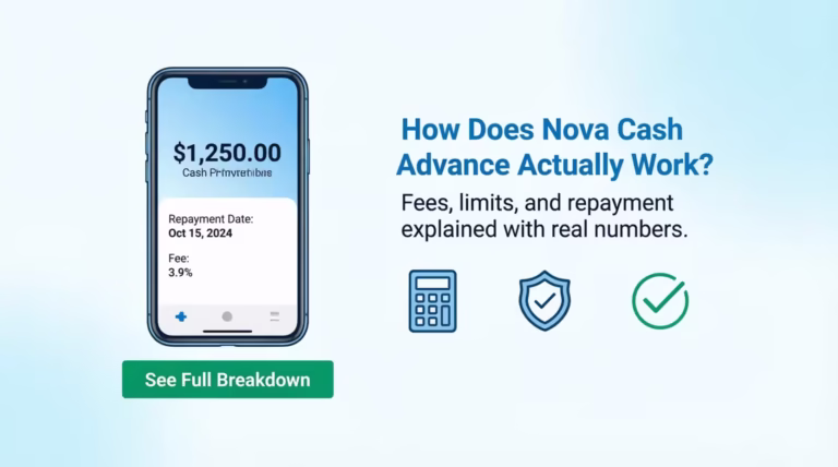 Smartphone screen showing a cash advance app with advance amount, fee, and repayment date displayed