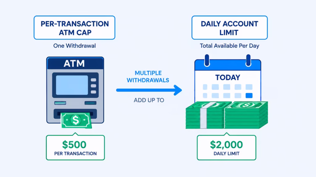 Diagram showing how single transaction caps differ from a full daily withdrawal total.