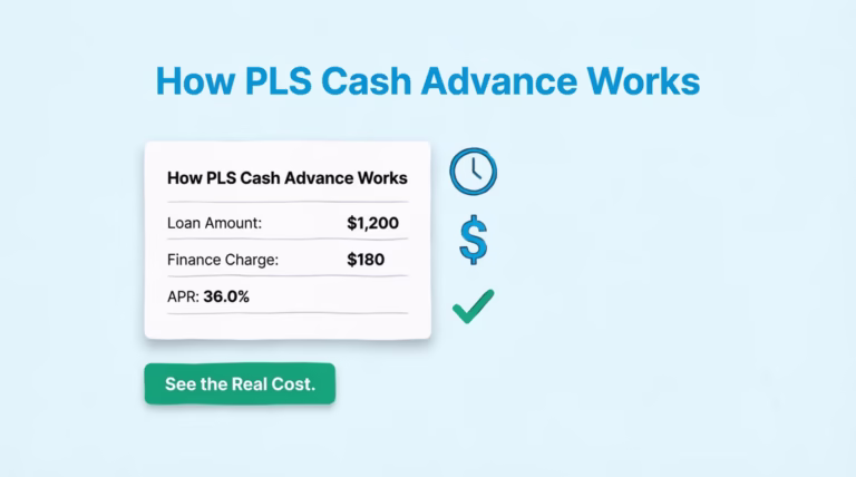 Illustration of a short-term loan document showing fee and APR fields next to a cost breakdown button