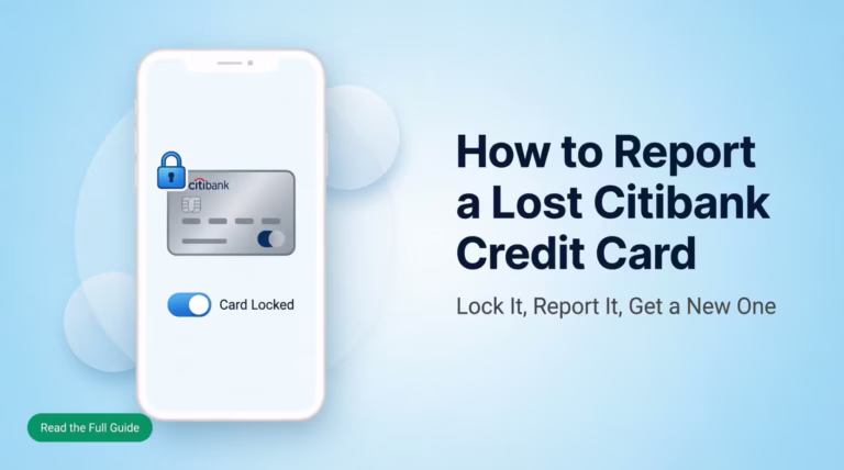 Smartphone app showing how to report a lost Citibank credit card and lock it instantly
