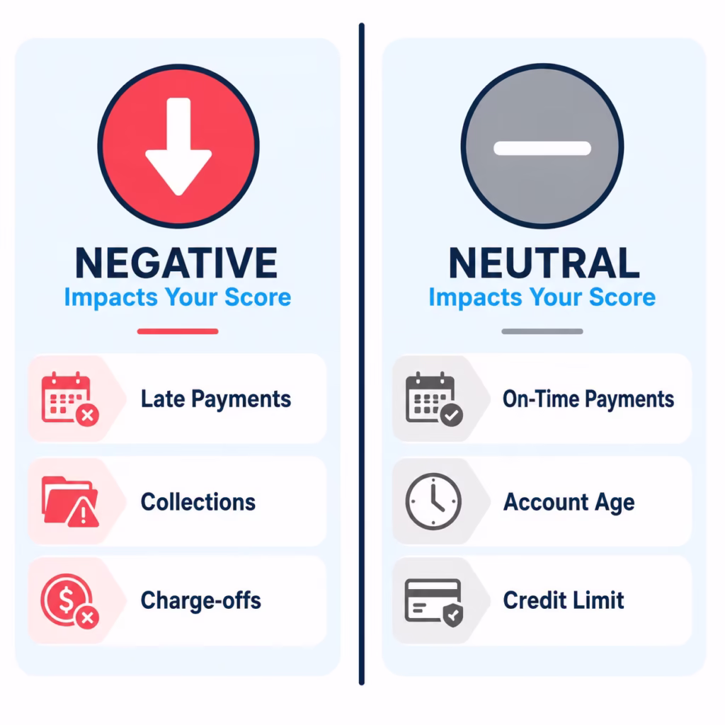 Side by side illustration comparing negative account activity that gets reported against positive activity that does not.
