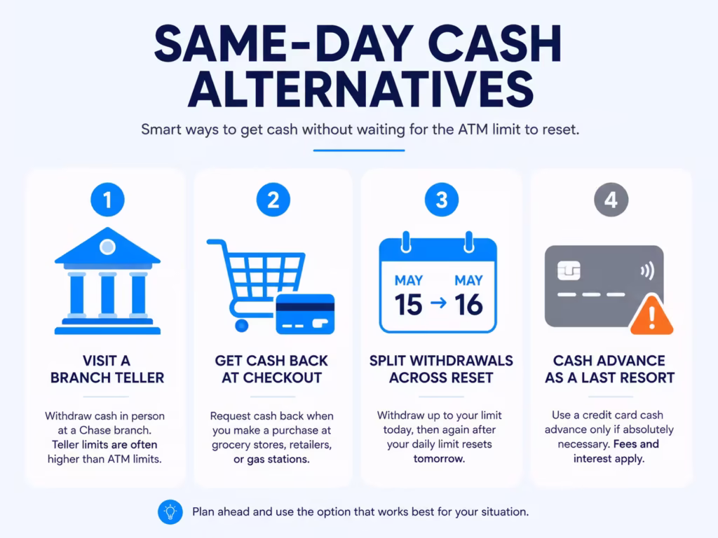 Four icons representing different same day options for accessing extra cash beyond an ATM limit.