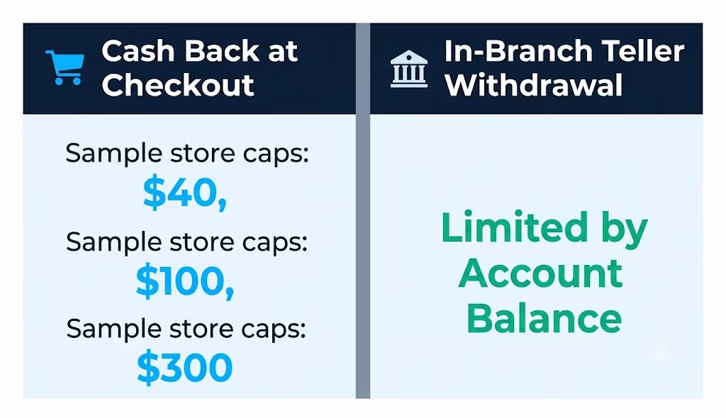 Two column graphic comparing store cash back limits against in branch teller withdrawal options