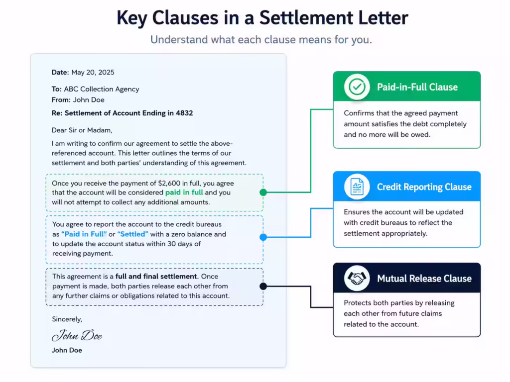 Annotated letter diagram showing three protective clauses labeled with callout boxes
